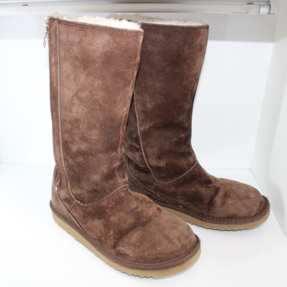 UGG Boots Big Kids Tall Brown Hayden Sheepskin Lining Rainbow Zipper ~5~ 5654